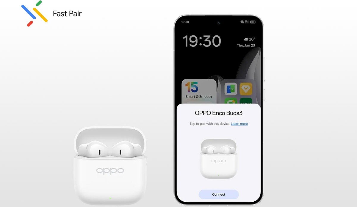 Na obrazie widoczne są białe słuchawki douszne w etui z napisem \'oppo\' oraz smartfon z ekranem pokazującym powiadomienie \'OPPO Enco Buds3\'. W lewym górnym rogu znajduje się logo \'Fast Pair\'.