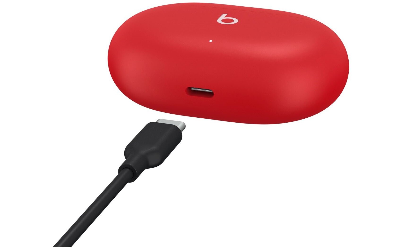 Czerwone etui ładujące z logo \'b\' na górze oraz portem USB-C. Obok znajduje się czarny kabel z końcówką USB-C.