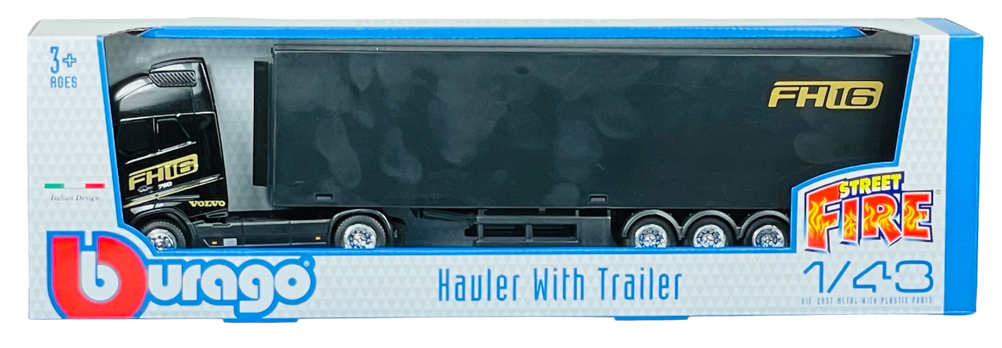 Model ciężarówki z przyczepą w kolorze czarnym z oznaczeniem \'FH16\' na kabinie. Opakowanie zawiera logo \'Bburago\' oraz napisy \'Hauler With Trailer\' i \'1/43\'.