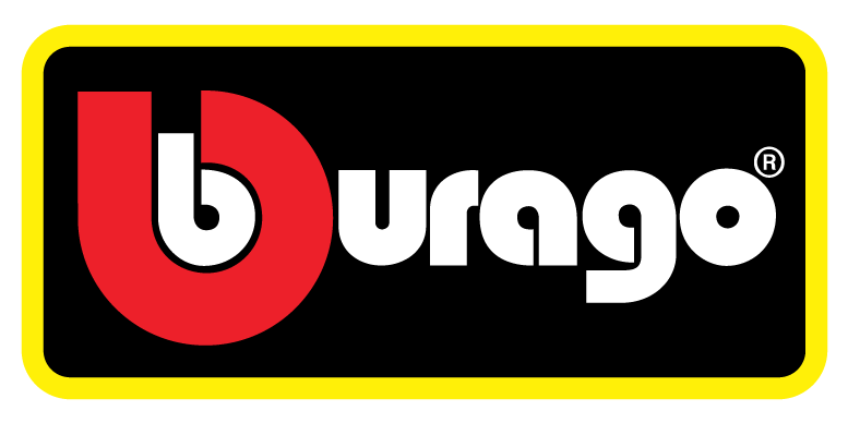 Logo z napisem \'Bburago\' w kolorach czerwonym, białym i czarnym, otoczone żółtą ramką.