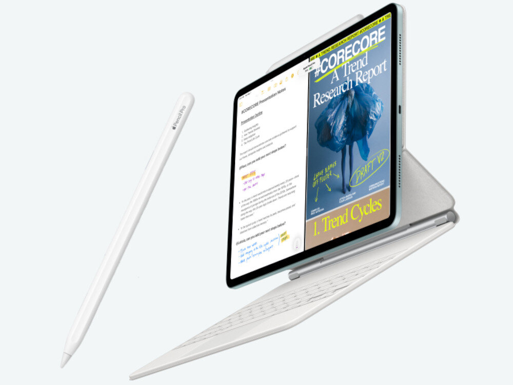Tablet z klawiaturą i rysikiem, na ekranie widoczny jest magazyn z tytułem \'A Trend Research Report\'. Rysik ma napis \'Pencil\'.