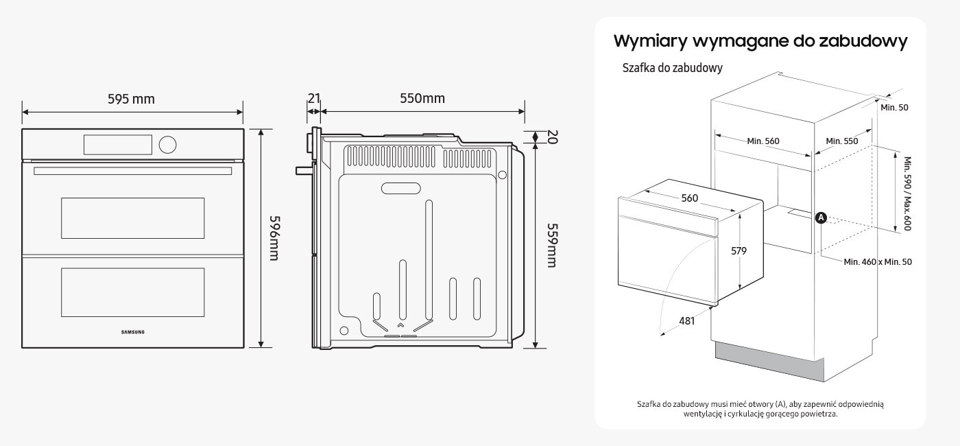 Rysunek opisujący wymiary piekarnika NV7B4345VAS Rysunek techniczny przedstawia wymiary piekarnika: szerokość 595 mm, wysokość 596 mm, głębokość 550 mm. Obok znajduje się schemat zabudowy z wymaganymi wymiarami szafki, w tym minimalne odległości dla wentylacji.