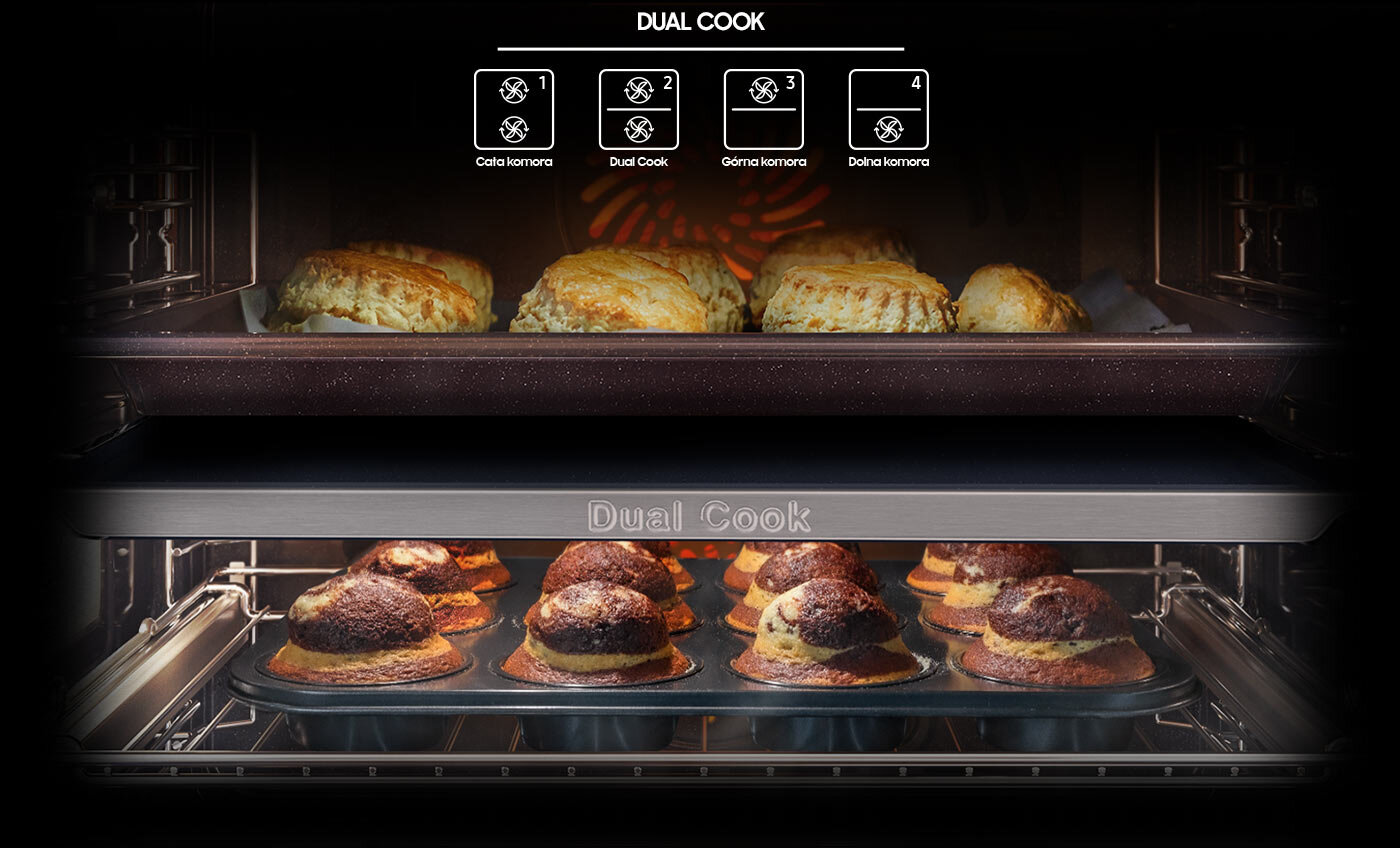 Zdjęcie wraz z grafiką informującą że w piekarniku do wykorzystania masz 4 opcje pieczenia Wnętrze piekarnika z funkcją Dual Cook, w którym na dwóch poziomach pieką się różne potrawy. Na górnej półce znajdują się ciasta, a na dolnej muffiny.
