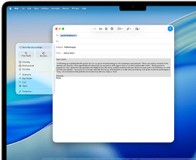 Ekran laptopa z otwartą aplikacją do pisania e-maili, w której widoczny jest tekst wiadomości. W tle widać niebieską tapetę z gradientem.