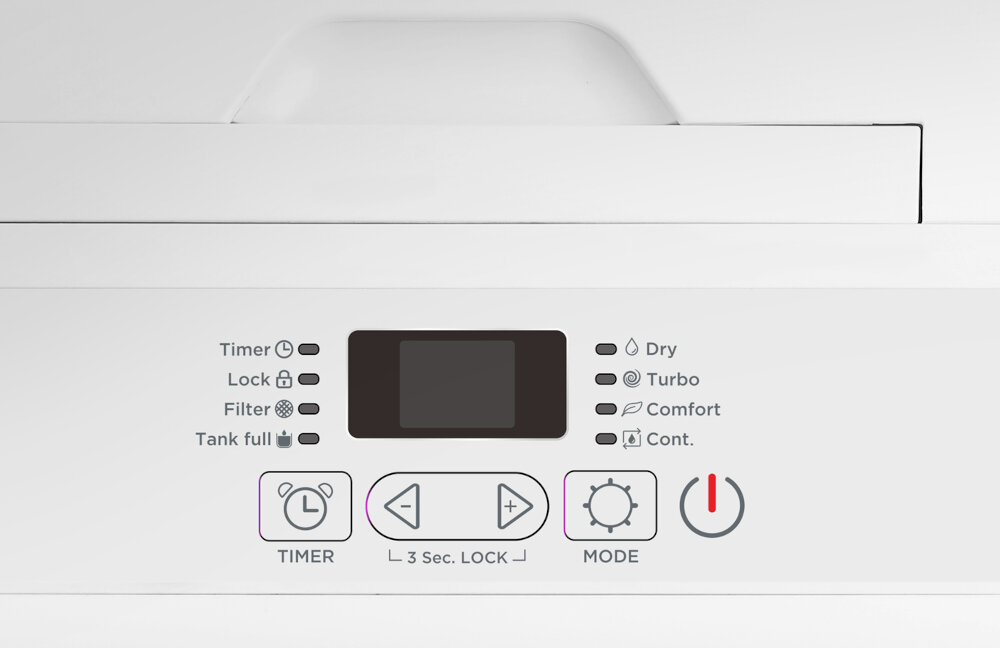 Panel sterowania osuszacza z wyświetlaczem i przyciskami oznaczonymi jako TIMER, MODE oraz przyciskiem zasilania. Widoczne są wskaźniki: Timer, Lock, Filter, Tank full, Dry, Turbo, Comfort, Cont.