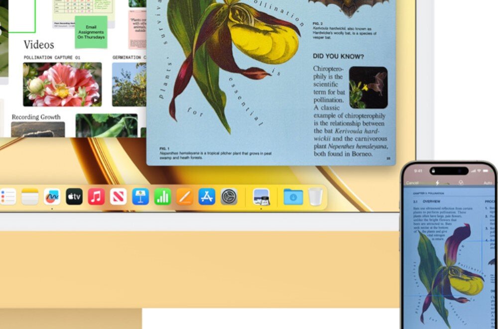 Na obrazie widoczny jest komputer iMac z otwartymi aplikacjami oraz smartfon z wyświetlonym tekstem i grafiką rośliny. Na ekranie komputera widać pasek aplikacji z ikonami, takimi jak Safari, Mail, iTunes i inne.