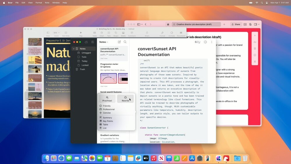 Na ekranie komputera widoczne są trzy otwarte okna aplikacji z różnymi treściami tekstowymi i graficznymi. Na dolnym pasku znajdują się ikony aplikacji systemu macOS.