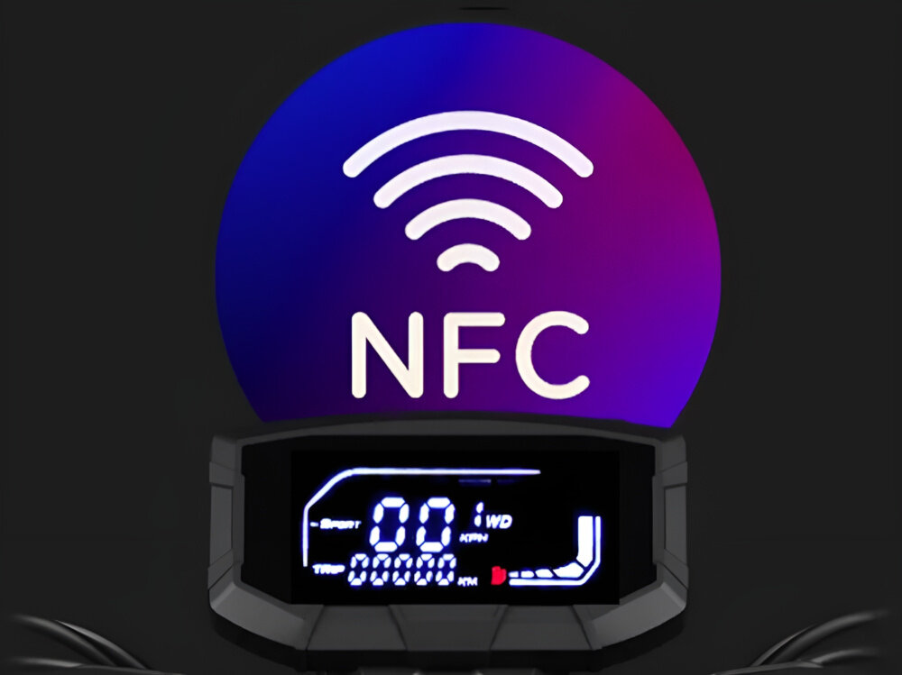 Obraz przedstawia wyświetlacz z cyfrowym panelem, na którym widoczne są liczby i symbole. Nad wyświetlaczem znajduje się symbol NFC z falami na kolorowym tle.