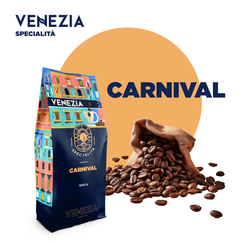 Opakowanie kawy ziarnistej Venezia Specialità Carnival 1000 g z kolorową grafiką budynków. Obok leży worek z rozsypanymi ziarnami kawy, a w tle widoczny jest napis \'CARNIVAL\'.