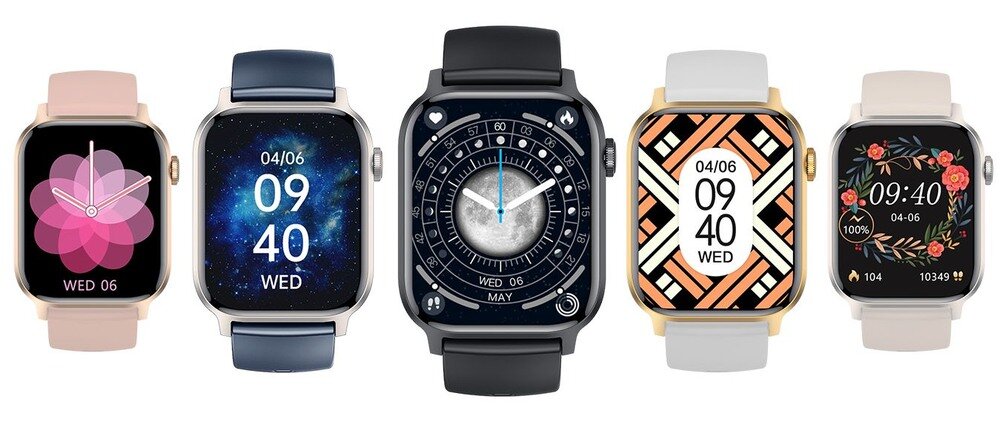 Pięć smartwatchy z różnymi tarczami: kwiatowy wzór, kosmiczny motyw z datą 04/06 i godziną 09:40, klasyczny zegar z kompasem, geometryczny wzór z datą 04/06 i godziną 09:40, oraz motyw kwiatowy z datą 04/06 i godziną 09:40. Każdy zegarek ma inny kolor paska: różowy, granatowy, czarny, biały i różowy.