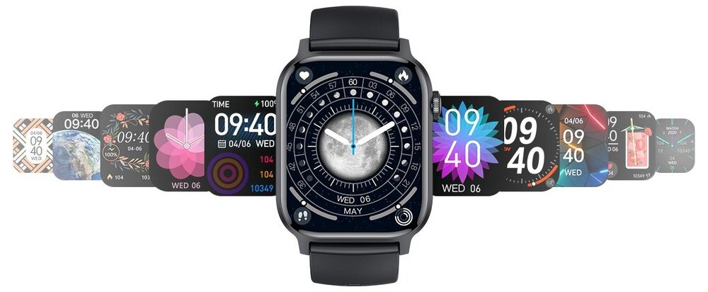 Na obrazie widoczny jest smartwatch z czarnym paskiem, prezentujący różne tarcze zegarka. Na głównej tarczy widoczny jest okrągły wzór z datą \'WED 06\' i miesiącem \'MAY\'.