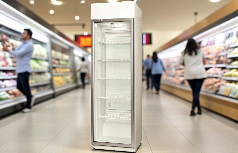 Witryna chłodnicza z przezroczystymi drzwiami i kilkoma półkami stoi w sklepie spożywczym. W tle widoczne są regały z produktami i kilka osób robiących zakupy.