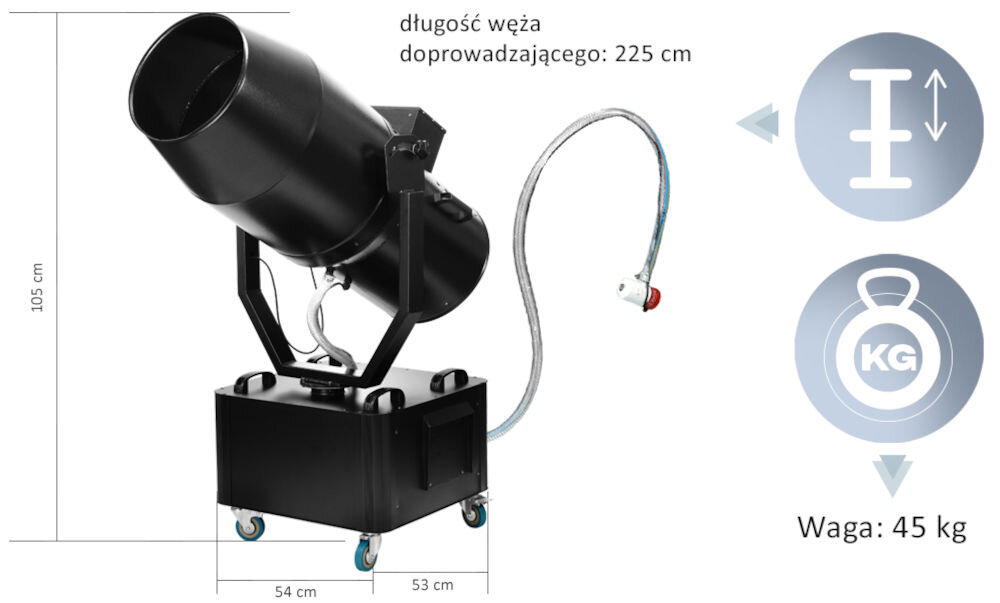 Na obrazie widoczny jest czarny generator piany z wężem o długości 225 cm, umieszczony na podstawie z kółkami. Obok znajdują się ikony z wymiarami: wysokość 105 cm, szerokość 54 cm, głębokość 53 cm oraz waga 45 kg.
