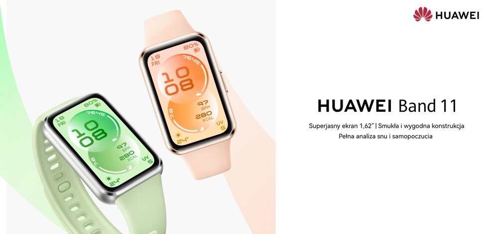 Obraz przedstawia dwa smartbandy z wyświetlaczami, jeden w kolorze zielonym, drugi w kolorze różowym. Obok znajduje się tekst: \'HUAWEI Band 11 Superjasny ekran 1,62\' | Smukła i wygodna konstrukcja Pełna analiza snu i samopoczucia\'.