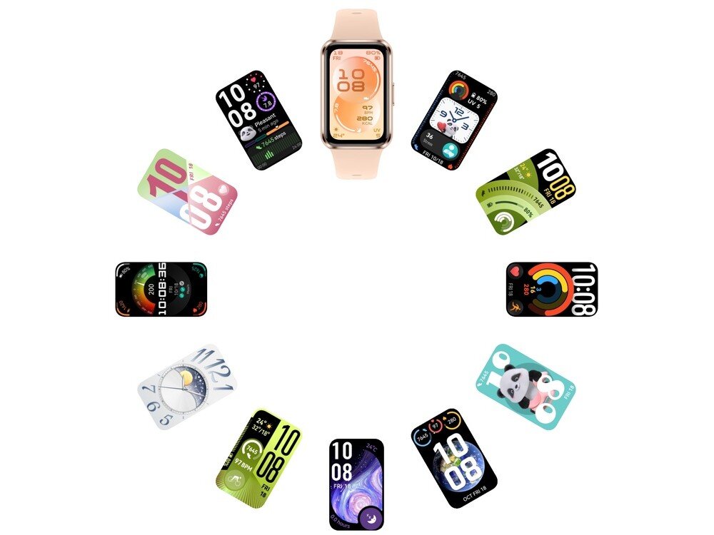 Na obrazie widoczny jest smartband z różnymi tarczami zegarka ułożonymi w okrąg wokół niego. Tarcze mają różne kolory i wzory, a na niektórych widoczny jest tekst \'10:08\'.