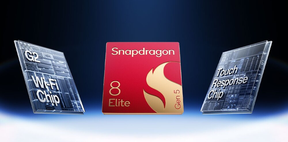 Na obrazie widoczne są trzy chipy: pośrodku czerwony z napisem \'Snapdragon 8 Elite Gen 5\', po bokach przezroczyste z napisami \'G2 Wi-Fi Chip\' i \'Touch Response Chip\'.