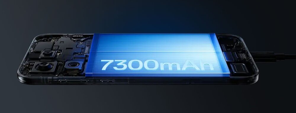 Obraz przedstawia smartfon z widocznym wnętrzem, na którym wyeksponowana jest bateria z napisem \'7300mAh\'.
