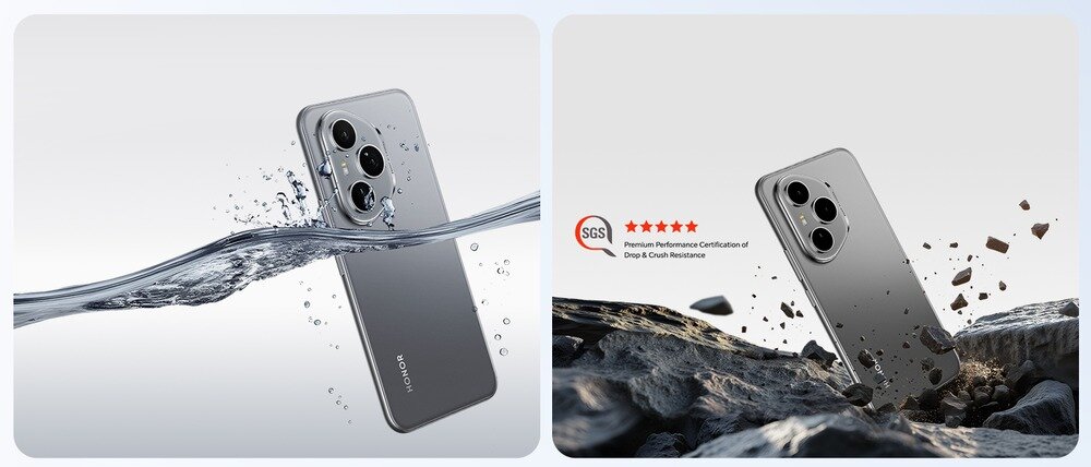 Po lewej stronie smartfon zanurzony w wodzie, z widocznymi bąbelkami. Po prawej smartfon na tle skał z tekstem \'SGS Premium Performance Certification of Drop & Crush Resistance\'.