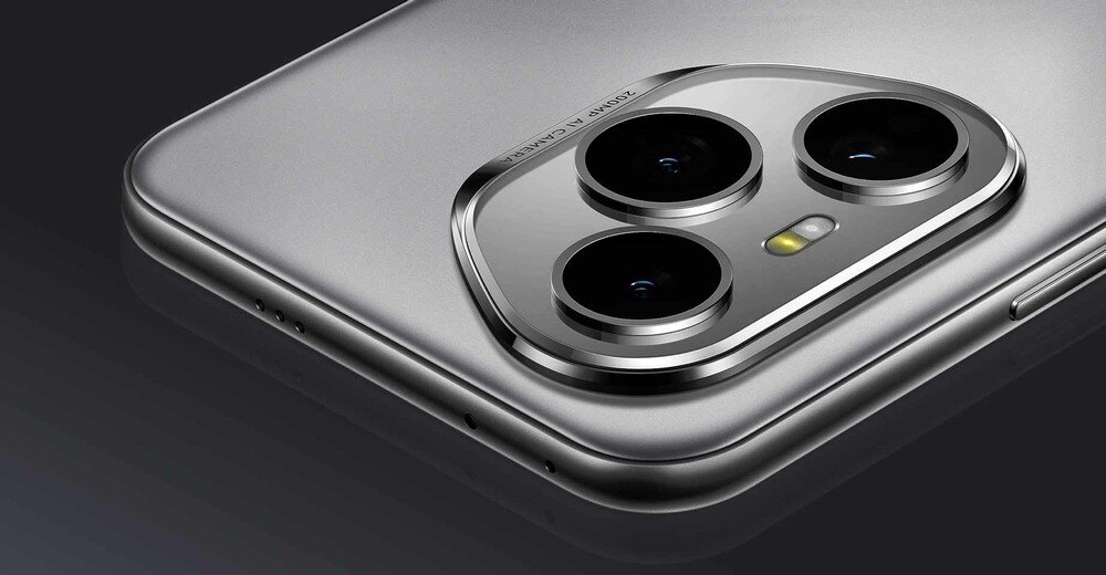 Zbliżenie na tylną część smartfona z trzema obiektywami aparatu i napisem \'AI MATRIX CAMERA\'.
