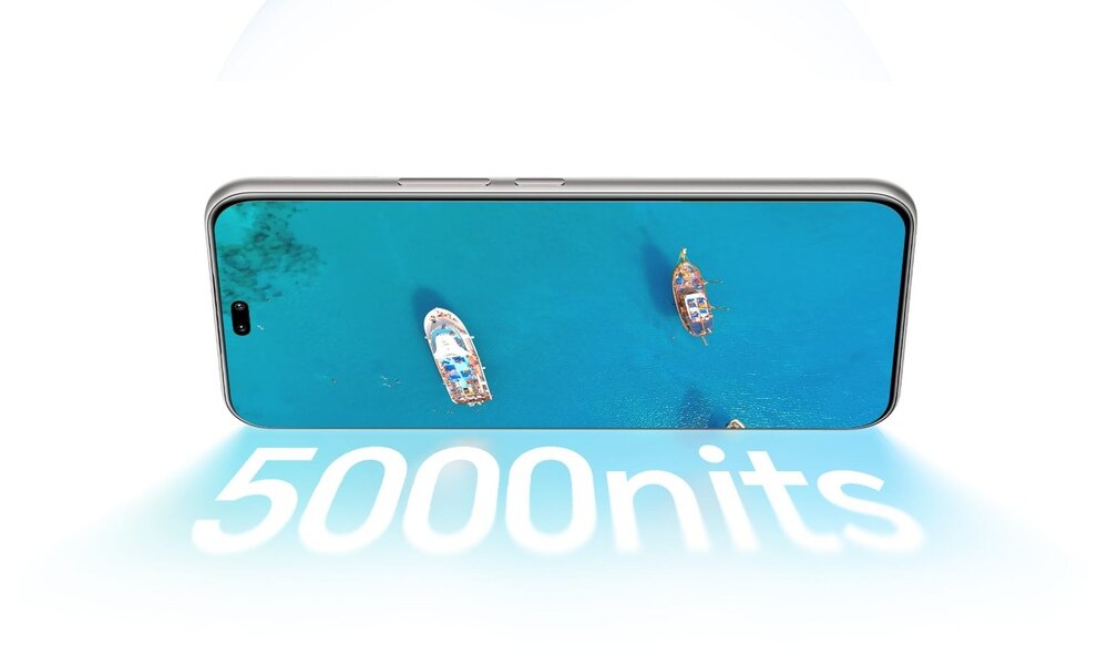 Smartfon wyświetla obraz z widokiem na morze z łodziami. Na dole widoczny jest napis \'5000nits\'.