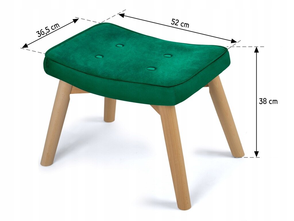 Zielony podnóżek tapicerowany z drewnianymi nogami, o wymiarach 52 cm szerokości, 36,5 cm głębokości i 38 cm wysokości. Na siedzisku widoczne są cztery guziki.