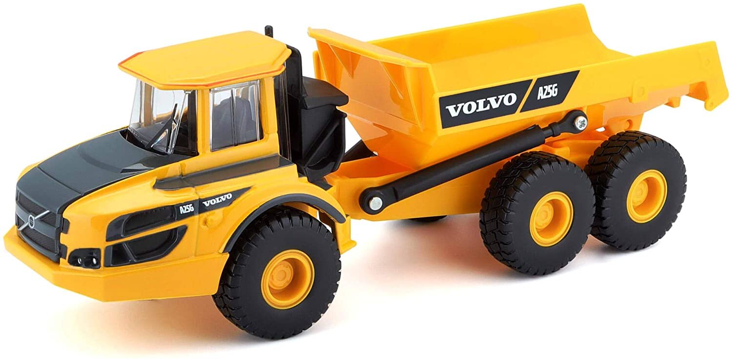 Model wozidła w kolorze żółtym z czarnymi elementami, oznaczony napisami \'VOLVO\' i \'A25G\'. Posiada sześć kół i otwartą przestrzeń ładunkową.