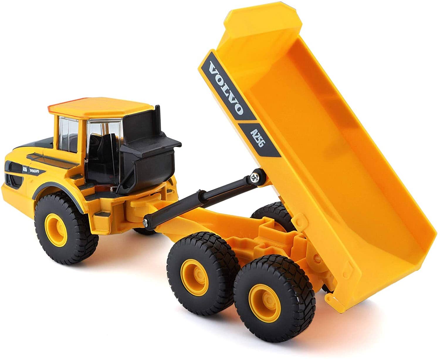 Model metalowego wozidła w skali 1:50 w kolorze żółtym z czarnymi elementami, z widocznym logo \'VOLVO A25G\' na boku. Pojazd ma sześć kół i podniesioną skrzynię ładunkową.
