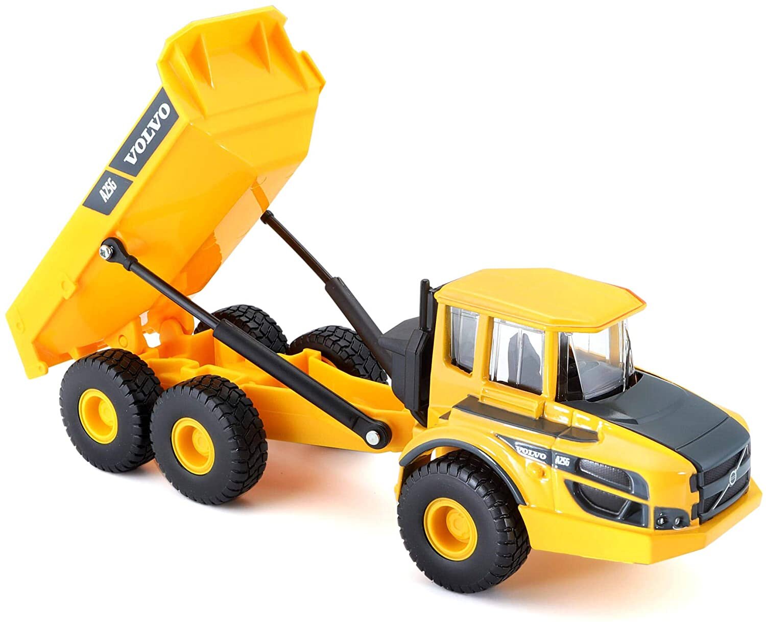 Model metalowego wozidła Volvo A25G w skali 1:50, w kolorze żółtym z czarnymi elementami, z podniesioną skrzynią ładunkową. Na pojeździe widoczne są napisy \'VOLVO\' i \'A25G\'.