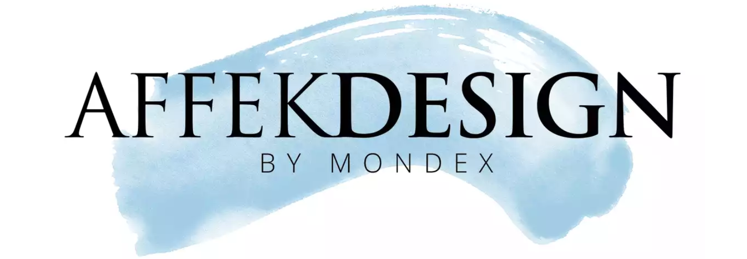 Logo z napisem \'AFFEKDESIGN BY MONDEX\' na tle niebieskiego pociągnięcia pędzla.