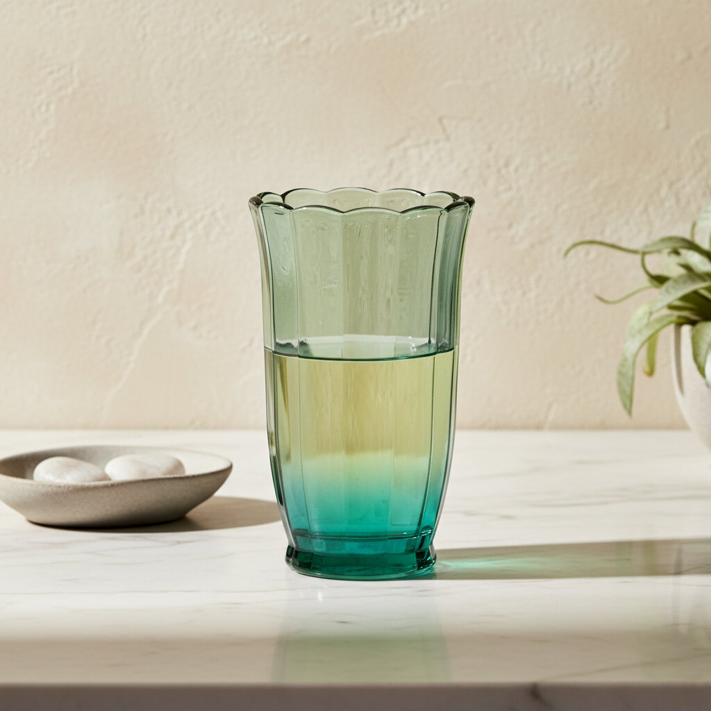 Szklanka o wysokim kształcie z zielonego szkła, wypełniona do połowy płynem, stoi na jasnym blacie. W tle widoczna jest jasna ściana oraz roślina i miska z kamieniami.