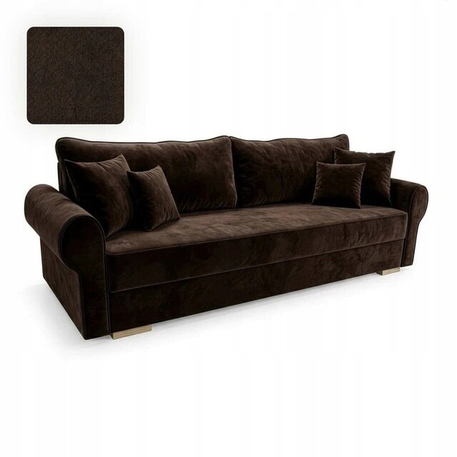 Brązowa sofa rozkładana z funkcją spania, wyposażona w kilka poduszek. W rogu obrazu widoczny jest próbnik materiału w tym samym kolorze.
