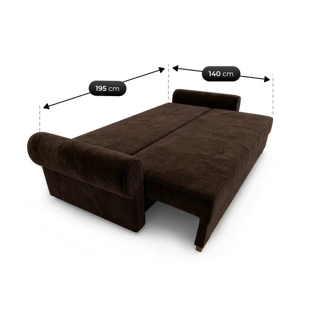 Brązowa sofa rozkładana z funkcją spania, przedstawiona w pozycji rozłożonej. Wymiary sofy to 195 cm długości i 140 cm szerokości.