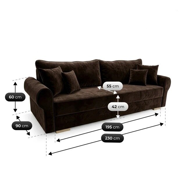 Brązowa sofa rozkładana z funkcją spania, z poduszkami, o wymiarach: wysokość 60 cm, głębokość 90 cm, szerokość 230 cm, głębokość siedziska 55 cm, wysokość siedziska 42 cm, szerokość siedziska 195 cm.