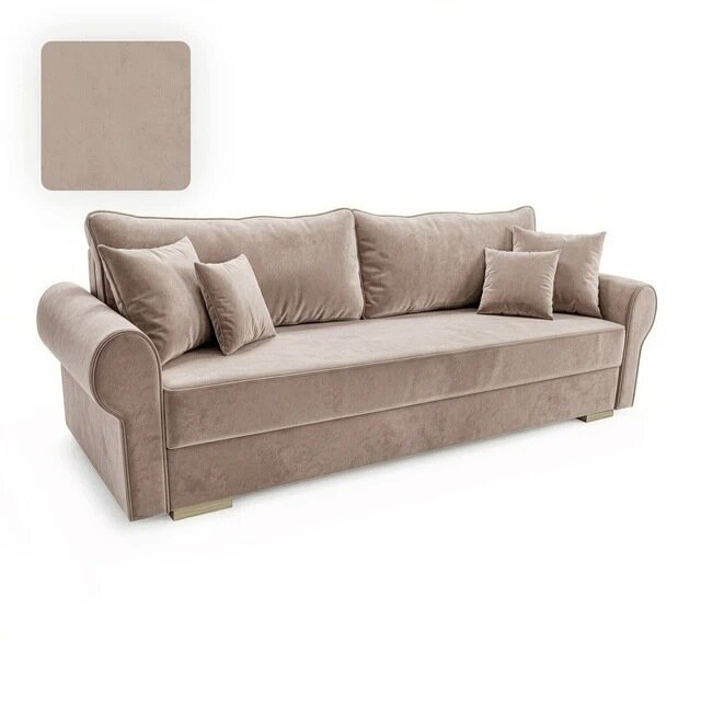 Beżowa sofa rozkładana z funkcją spania, wyposażona w kilka poduszek. Obok znajduje się próbka materiału w tym samym kolorze.