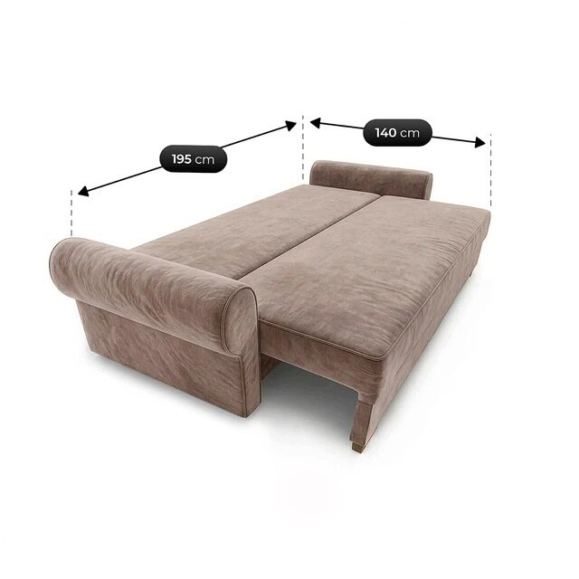 Beżowa sofa rozkładana z funkcją spania, przedstawiona w pozycji rozłożonej. Na obrazie widoczne są wymiary: 195 cm długości i 140 cm szerokości.
