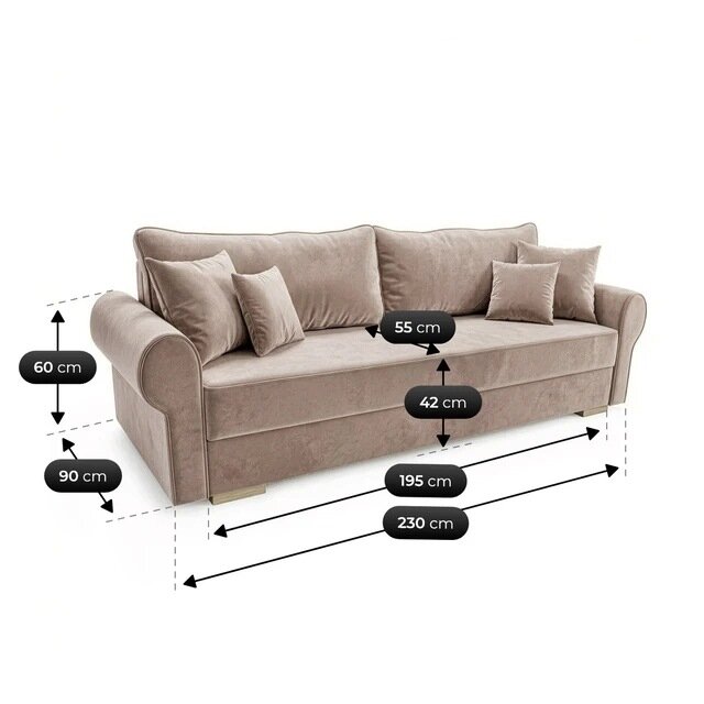 Beżowa sofa rozkładana z funkcją spania, z trzema poduszkami, przedstawiona z wymiarami: 60 cm, 90 cm, 55 cm, 42 cm, 195 cm, 230 cm.