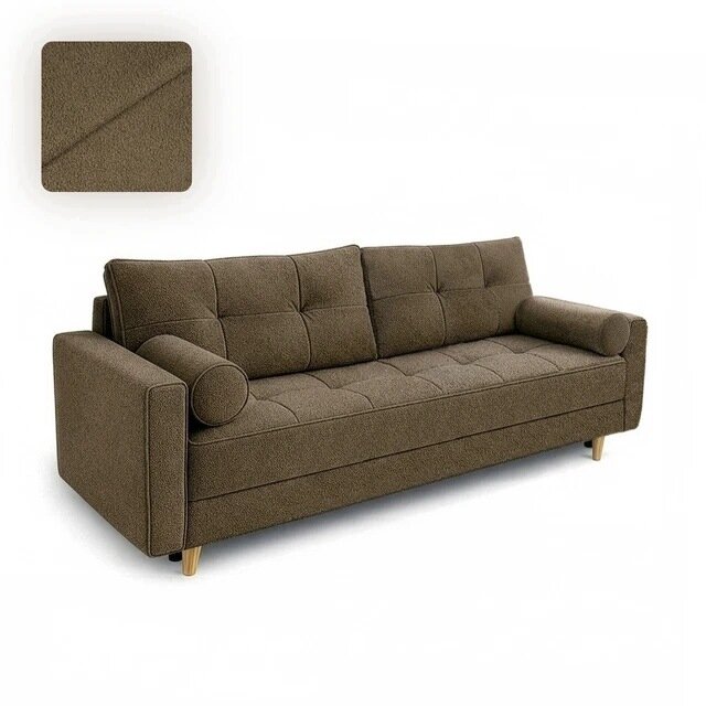 Brązowa sofa rozkładana z funkcją spania, posiada prostokątne poduszki i drewniane nóżki. W lewym górnym rogu widoczny jest próbnik materiału w tym samym kolorze.