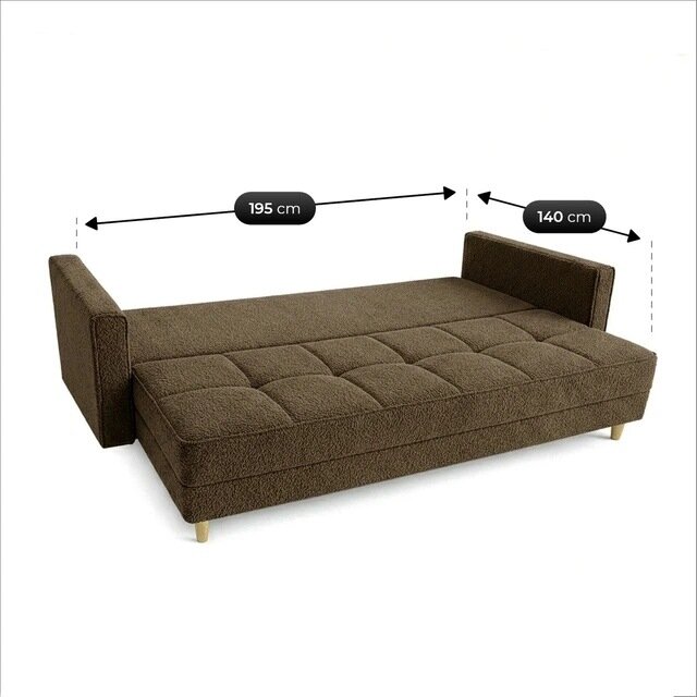 Brązowa sofa rozkładana z funkcją spania, z widocznymi wymiarami 195 cm na 140 cm. Sofa ma prostokątny kształt z podłokietnikami i drewnianymi nóżkami.