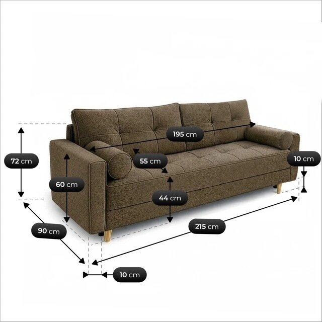 Brązowa sofa rozkładana z funkcją spania, z poduszkami i drewnianymi nogami, z wymiarami: 215 cm długości, 90 cm głębokości, 72 cm wysokości, siedzisko 44 cm wysokości, 55 cm głębokości, 195 cm szerokości, podłokietniki 60 cm wysokości i 10 cm szerokości.