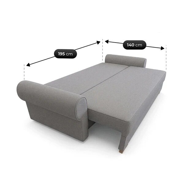 Szara sofa rozkładana z funkcją spania, przedstawiona w pozycji rozłożonej. Wymiary sofy to 195 cm na 140 cm.