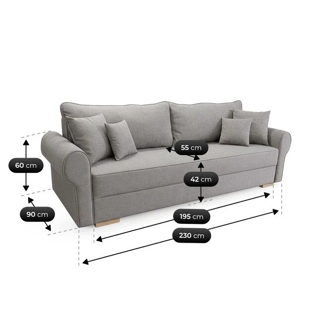Szara sofa rozkładana z funkcją spania, z trzema poduszkami, przedstawiona z wymiarami: wysokość 90 cm, głębokość 60 cm, szerokość 230 cm, głębokość siedziska 55 cm, wysokość siedziska 42 cm, długość powierzchni spania 195 cm.