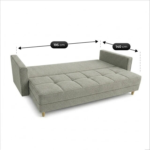 Szara sofa rozkładana z funkcją spania, przedstawiona w formie łóżka z podłokietnikami na obu końcach. Na obrazie widoczne są wymiary: 195 cm długości i 140 cm szerokości.