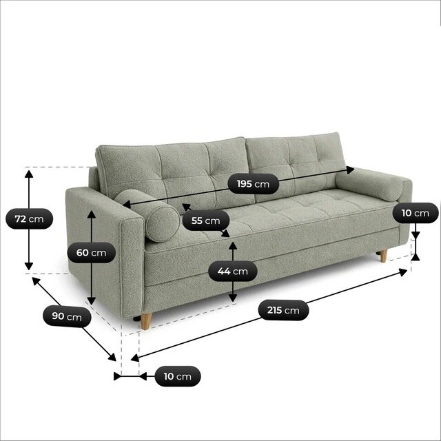 Szara sofa rozkładana z funkcją spania, z wymiarami: 215 cm długości, 90 cm głębokości, 72 cm wysokości, siedzisko 55 cm głębokości i 44 cm wysokości. Sofa posiada podłokietniki o wysokości 60 cm i nóżki o wysokości 10 cm.