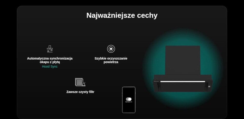 Grafika przedstawia najważniejsze cechy okapu: automatyczna synchronizacja z płytą (Hood Sync), szybkie oczyszczanie powietrza oraz zawsze czysty filtr. Widoczny jest również obraz okapu i ikona smartfona.