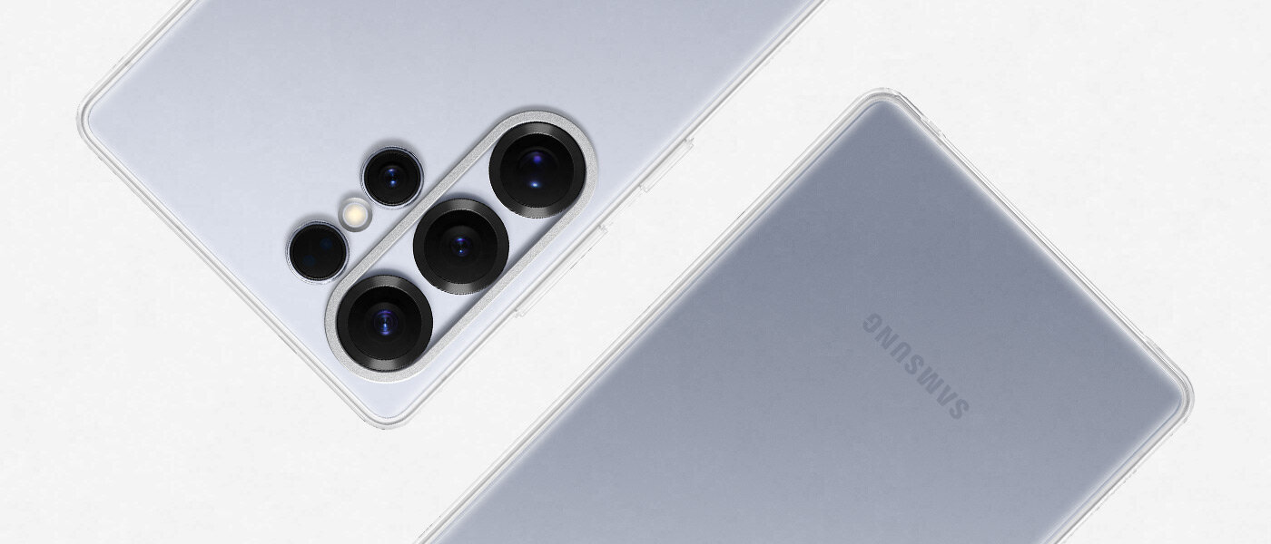 Części etui Clear Case są pokazane z lotu ptaka obok smartfona Galaxy S25 Ultra. Na obrazie widoczne są dwa smartfony z przezroczystymi etui, z widocznymi aparatami fotograficznymi i logo \'SAMSUNG\'.