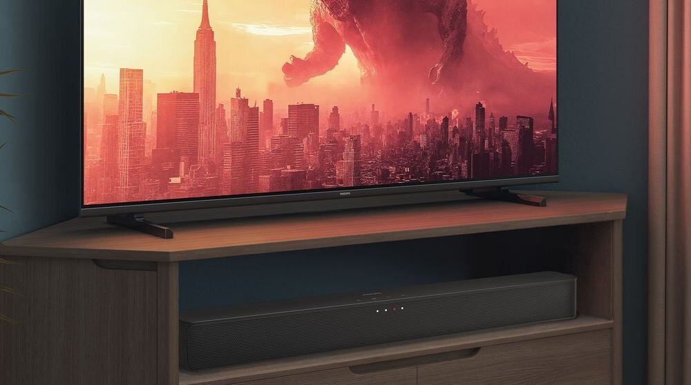 Na drewnianej szafce stoi telewizor z wyświetlonym obrazem miasta i dużą postacią w tle. Pod telewizorem znajduje się czarny soundbar.