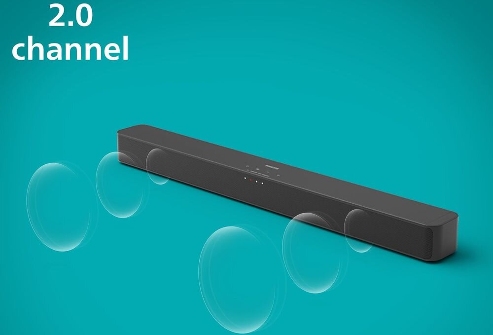 Czarny soundbar z widocznymi przyciskami na górnej powierzchni, umieszczony na turkusowym tle. Na obrazie widoczny jest tekst \'2.0 channel\'.