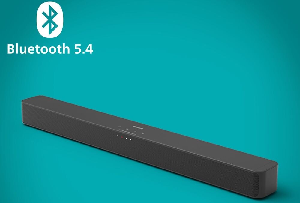 Czarny soundbar z widocznymi przyciskami na górnej powierzchni, umieszczony na tle w kolorze turkusowym. W lewym górnym rogu znajduje się symbol Bluetooth oraz tekst \'Bluetooth 5.4\'.