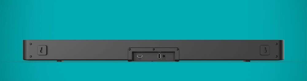 Czarny soundbar z widocznymi portami HDMI i zasilania na tylnej części obudowy. Tło jest jednolite, turkusowe.