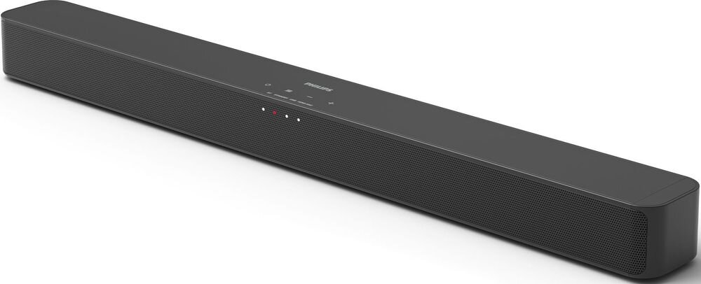Czarny soundbar z logo PHILIPS na górnej powierzchni. Posiada kilka przycisków i diod na panelu przednim.